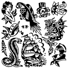 Obraz premium Vintage sailor jerry tattoo flash sheet design set.