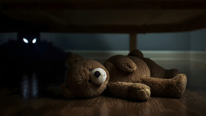 In the foreground, we see a teddy bear lying on a wooden floor. It looks abandoned or abandoned.In the background, two glowing dots resemble a pair of eyes, creating the feeling that someone or someth