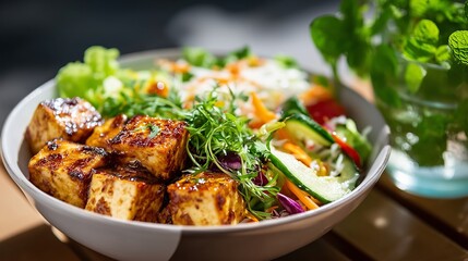 vegan tofu and vegetable salad with japanese dressing