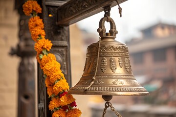 Obraz premium Decorated Temple Bell with Floral Adornment
