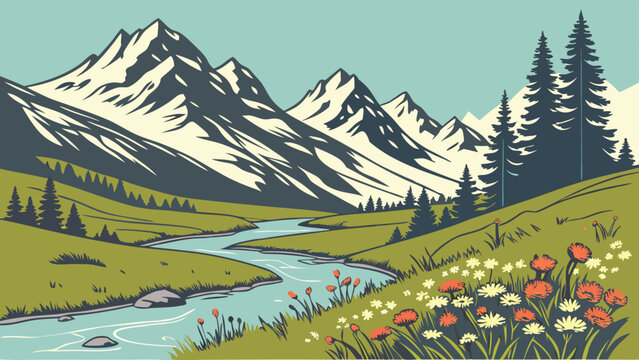 Scenic mountain valley landscape with a winding river and wildflowers.