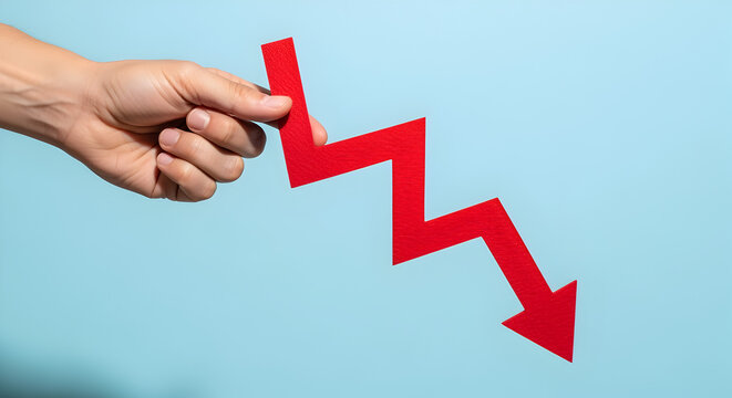 Hand Holding Red Downward Arrow on Light Blue Background Indicating Financial Loss