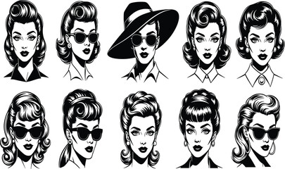Vintage, woman, retro, fashion, hairstyle, beauty, portrait, black, white, illustration, icon, makeup, style, classic, elegant, female, graphic, design, accessory, expression