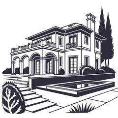 Obraz premium Luxury Villa Real Estate Silhouette Vector Design, Black Fill on White Background