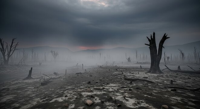 A desolate, misty landscape with dead, gnarled trees under a stormy, overcast sky. - Powered by Adobe