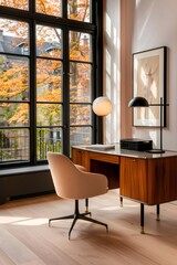 Fototapeta premium Sun shining on elegant home office with autumn trees outside window