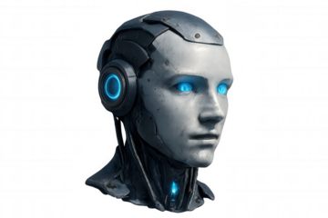 Realistic 3d rendering of a futuristic robot head with glowing blue eyes, showcasing advanced ai technology on a transparent background
