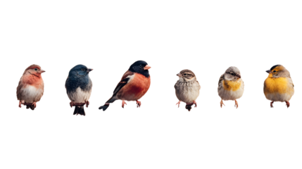 A line of six diverse small birds with colorful plumage perched neatly on a wire against a soft pink plain pastel background