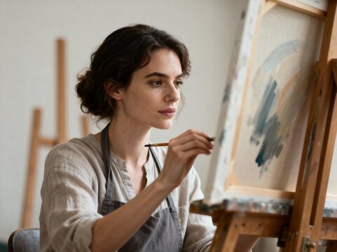 Woman painting on an easel in her home studio - Art and creativity