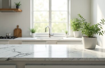 Generous white marble stone tabletop surface with grey veining, ideal for kitchen island or countertop display. Blurred kitchen interior background with window, sink, faucet, potted green plants.