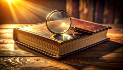 Closed book with elegant magnifying glass on wooden desk under warm natural light, symbol of study and knowledge