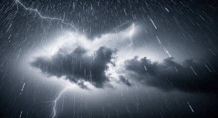 A dramatic thunderstorm with lightning striking through dark, ominous clouds amidst heavy rainfall.