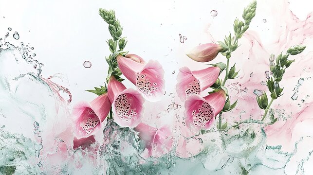 Bell-shaped foxgloves fall and shatter into bell curves of watercolor pink and sage that echo downwards in gravity-defying png