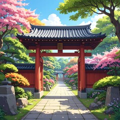 Japanese garden path with archway