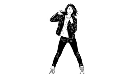 Obraz premium Bold monochrome illustration of a girl wearing leather jacket on white