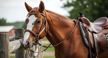 Obraz premium Close-up of a beautiful brown horse with a white blaze and a saddle, standing by a wooden fence on a farm.