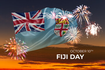 Sky with majestic fireworks and flag of Fiji