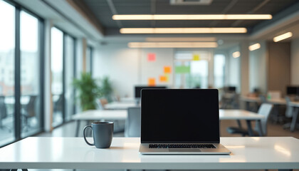 Minimalist workspace features sleek laptop and gray mug on clean white desk. Modern office interior with blurred background, large windows, and bright lighting creates pro and productive atmosphere.
