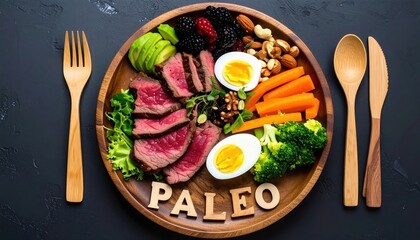 Healthy Paleo Diet Plate with Lean Meat, Vegetables, and Eggs