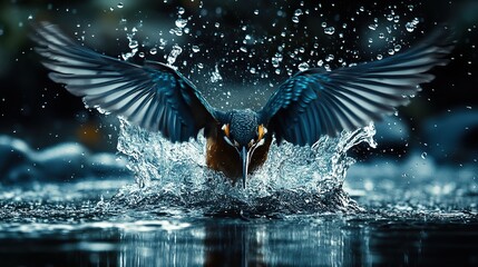 imagine a kingfisher as it dives into the water from the front, its back is to us,  png