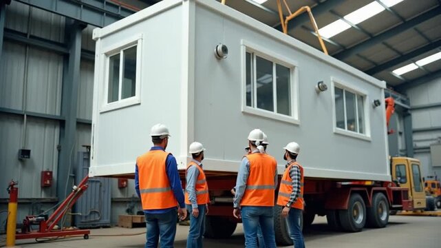 Engineers observing lifting of prefabricated modular house in factory
