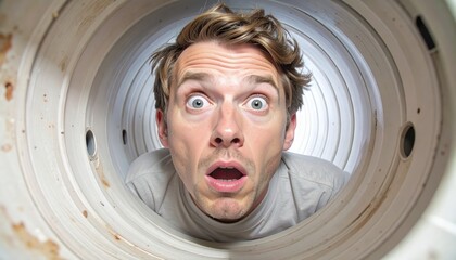 Surprised Man Looking Out from Inside a Circular Container