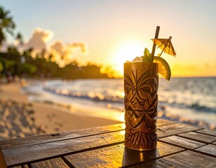 Tropical Cocktail with Umbrella on Beach at Sunset in Paradise