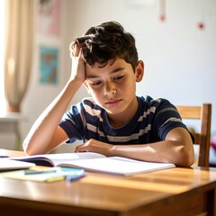 Young Boy Concentrating on Homework at a Bright Study Table