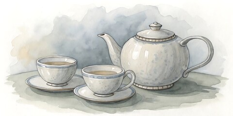 A lovely watercolor artwork depicting a white teapot and two teacups with saucers, isolated on white background.