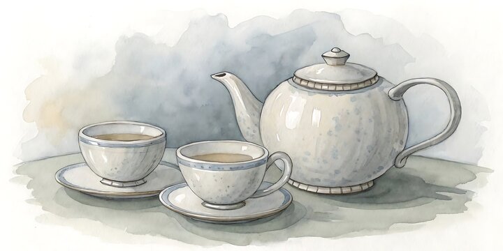 A lovely watercolor artwork depicting a white teapot and two teacups with saucers, isolated on white background.
