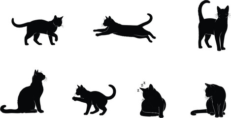 Silhouette vector collection of black cats in various poses, sitting, walking, playing, and sleeping, perfect for pet design and illustrations