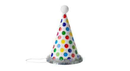 Festive party hat with colorful polka dots and silver tinsel isolated PNG with Transparent Background