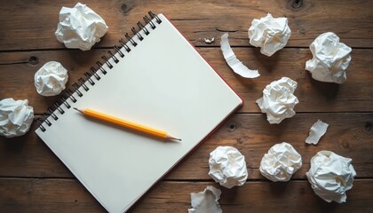 Blank notebook and yellow pencil rest on rustic wooden surface in crumpled paper balls. Illustration symbolizes writing process, idea generation, brainstorming, editing, and revision.