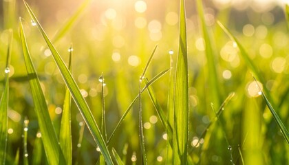 Obraz premium Close Up of Vibrant Green Grass with Sparkling Dew Drops in Soft Golden Sunlight