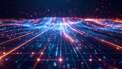 Obraz premium Abstract Network Data Flow with Blue and Orange Glowing Lines and Grid Background