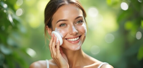 Radiant woman applies facial wash cream with soft pad. She smiles happily in front of rich green blurred background. Her skin looks glowing, clean, and moisturized, suggesting gentle beauty routine.
