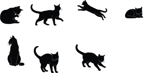 Silhouette vector set of cats in various poses, jumping, playing, sitting, walking, and sleeping, ideal for pet artwork and design