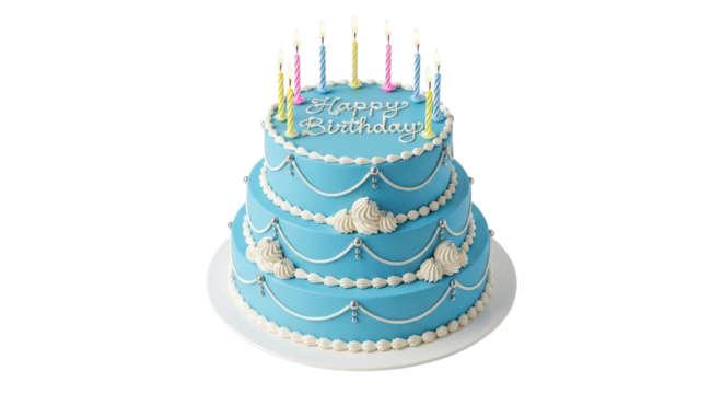 Three-tiered blue Happy Birthday cake with candles isolated PNG with Transparent Background - Powered by Adobe