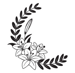 Black and white floral wreath with roses and lily lilies