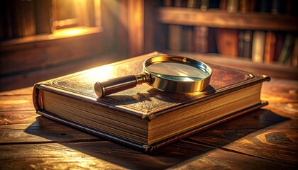 Crystal magnifying glass on closed textured book cover, representing education, literature, and investigation.