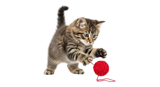 Playful tabby kitten playing with a red yarn ball isolated PNG with Transparent Background