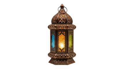 Ornate lantern with colored glass panels on white background