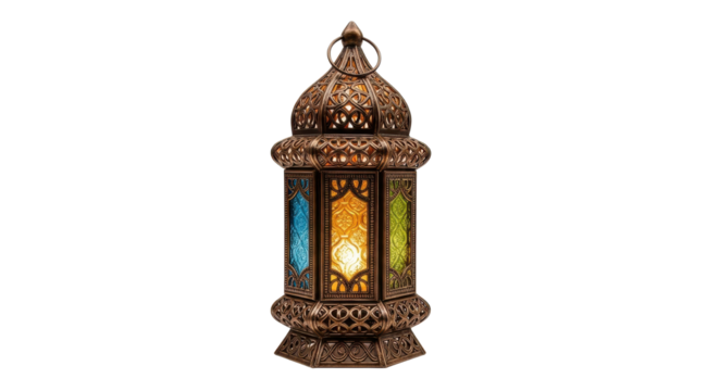 Ornate lantern with colored glass panels on white background