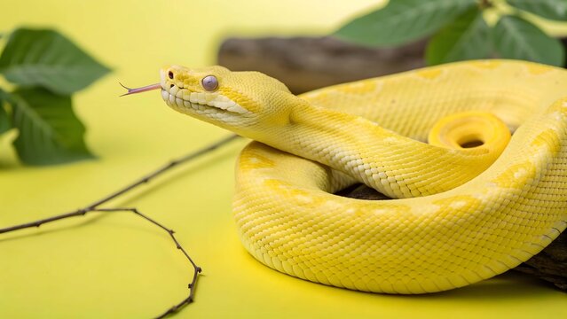Bright yellow python coiled on a solid neon yellow background with green leaves yellow snake reptile