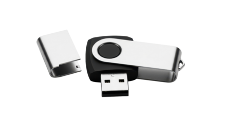 Silver and black USB flash drive for data storage isolated PNG with Transparent Background