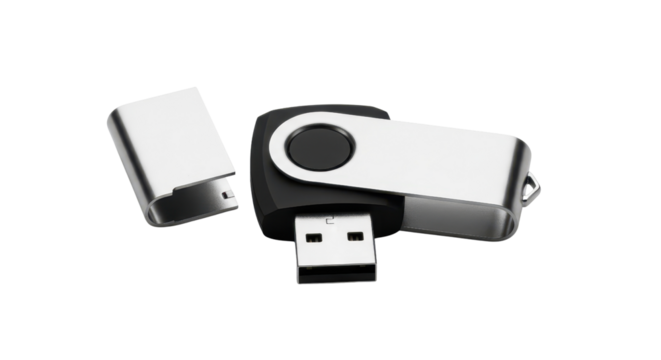 Silver and black USB flash drive for data storage isolated PNG with Transparent Background