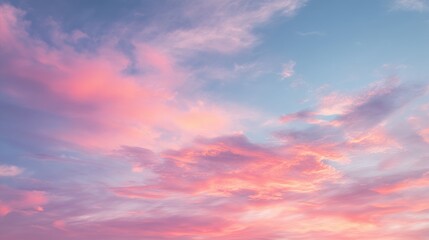 Fototapeta premium Dreamy sunrise sky with pastel pink peach and blue gradient, delicate wispy clouds in serene minimalistic landscape