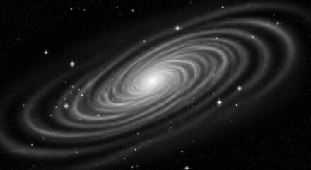 A stunning black and white image captures the majestic spiral arms of a distant galaxy, adorned with scattered stars against the vastness of space.