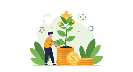 Man watering money plant growing from coins symbolizing financial growth and investment.