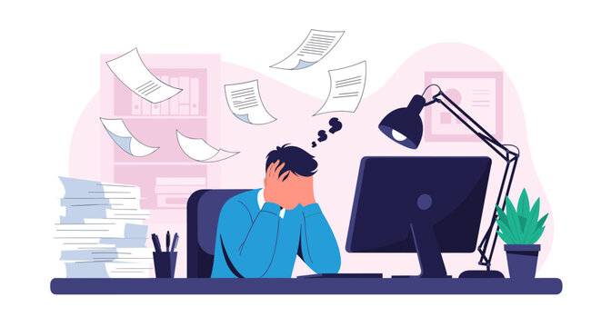 Stressed Businessman Overwhelmed by Work and Paperwork.